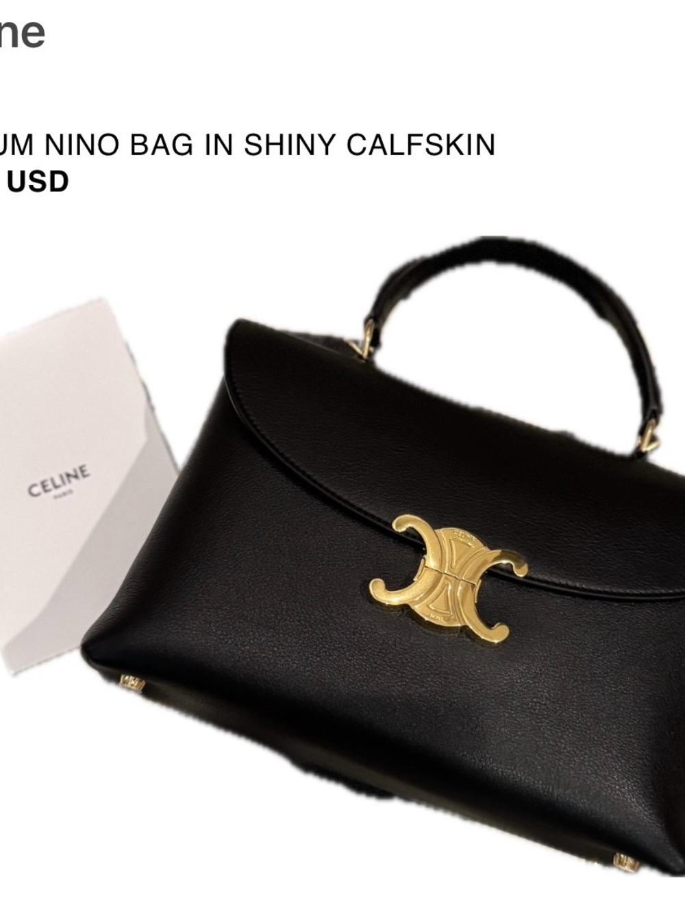 Celine Black Shiny Calfskin Top Handle Satchel with Gold Hardware - medium